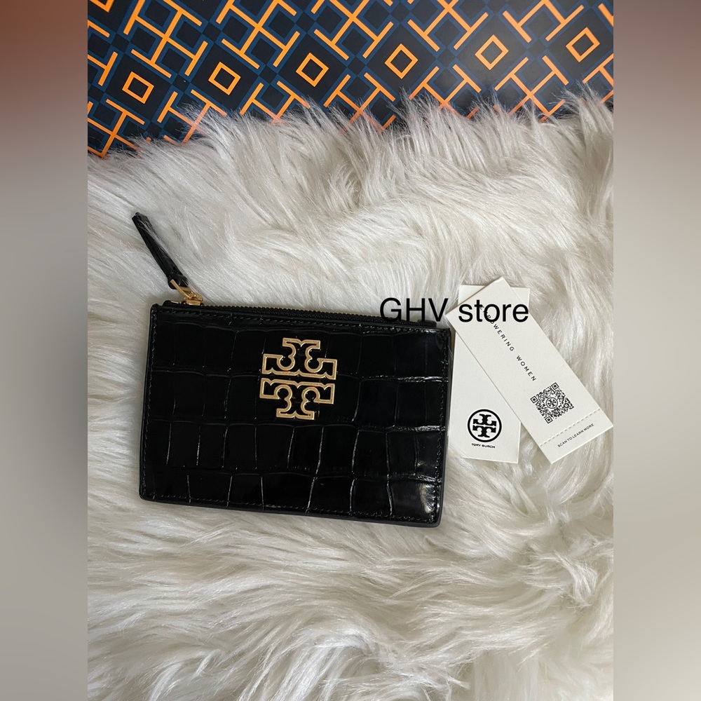 Tory Burch Britten Croc zip card case in Black